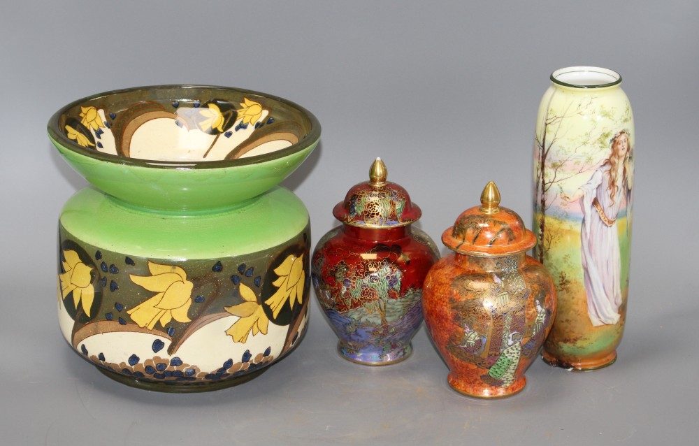 Two Wiltonware lustre glazed ginger jars and cover, a Royal Doulton Ophelia vase and a Doulton daffodils spittoon